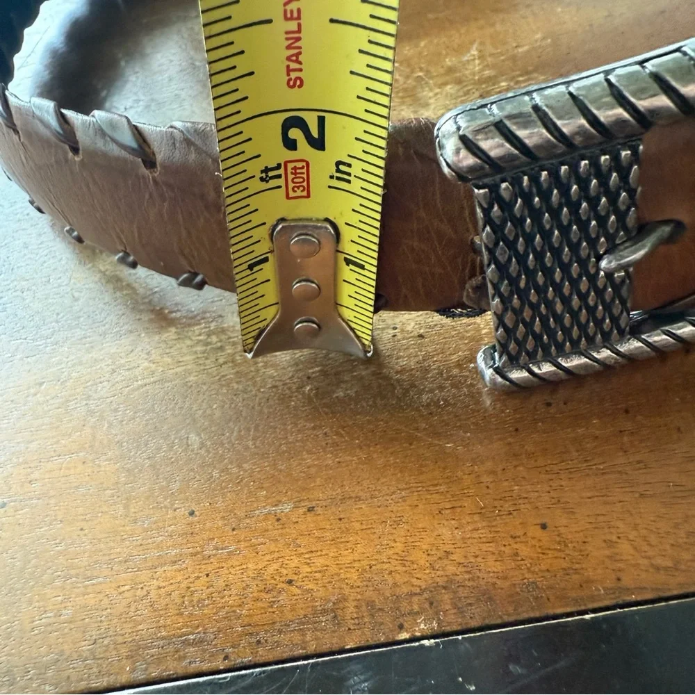 Vintage Leather Belt Large metal buckle whipstitch trim sz 32 medium